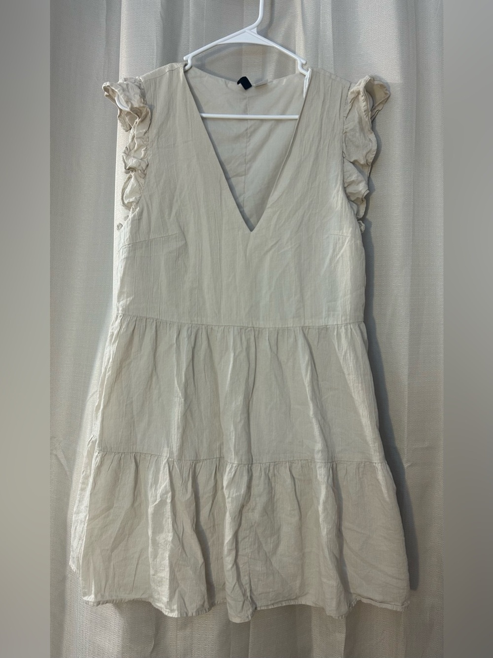 H&M Light Beige Cotton Crepe Flutter Sleeve Tiered V-Neck Throw-On Mini Dress
